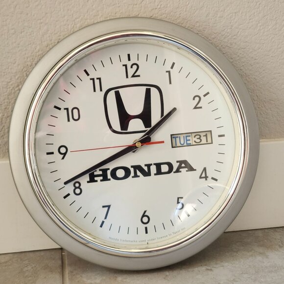 Honda Silver Frame White Face Wall Clock Date Display Quartz Movement - Picture 1 of 5